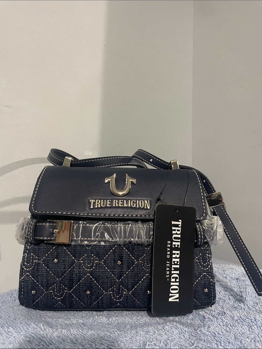True Religion Navy Quilted Denim & Leather Trim Crossbody Bag